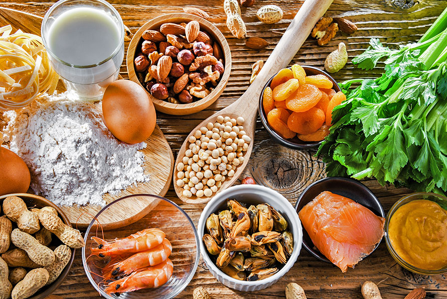 Zusammenstellung von Nahrungsmitteln, die Unverträglichkeiten hervorrufen können wie Milch, Fisch, Soja, Nüsse, Eier, Sellerie etc.