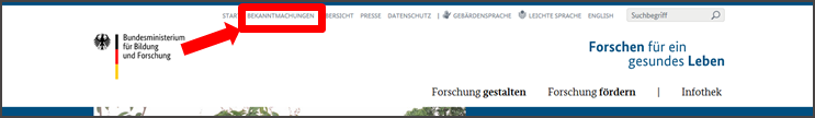 Abbildung der Startseite www.gesundheitsforschung-bmbf.de. Auswahl-Leiste mit Feld Bekanntmachungen.