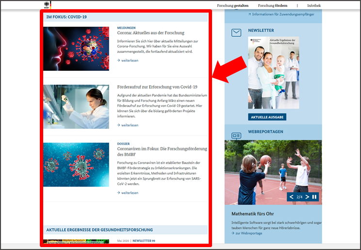 Abbildung der Startseite www.gesundheitsforschung-bmbf.de. Bereich Besondere Themen aus den Haupt-Bereichen. 