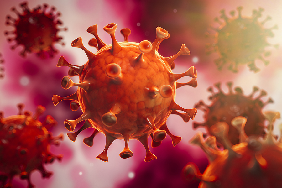 Grafische Darstellung von Corona-Viren in verschiedenen Rot-Tönen