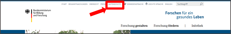 Abbildung der Startseite www.gesundheitsforschung-bmbf.de. Auswahl-Leiste mit Feld Datenschutz..