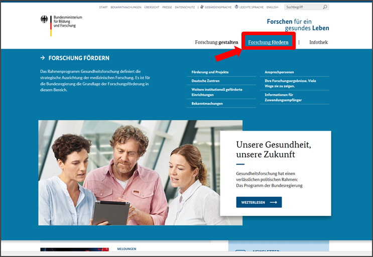 Abbildung der Startseite www.gesundheitsforschung-bmbf.de. Haupt-Bereich Forschung fördern.