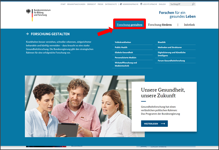 Abbildung der Startseite www.gesundheitsforschung-bmbf.de. Haupt-Bereich Forschung gestalten. 