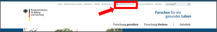 Abbildung der Startseite www.gesundheitsforschung-bmbf.de. Auswahl-Leiste mit Feld Gebärden-Sprache.