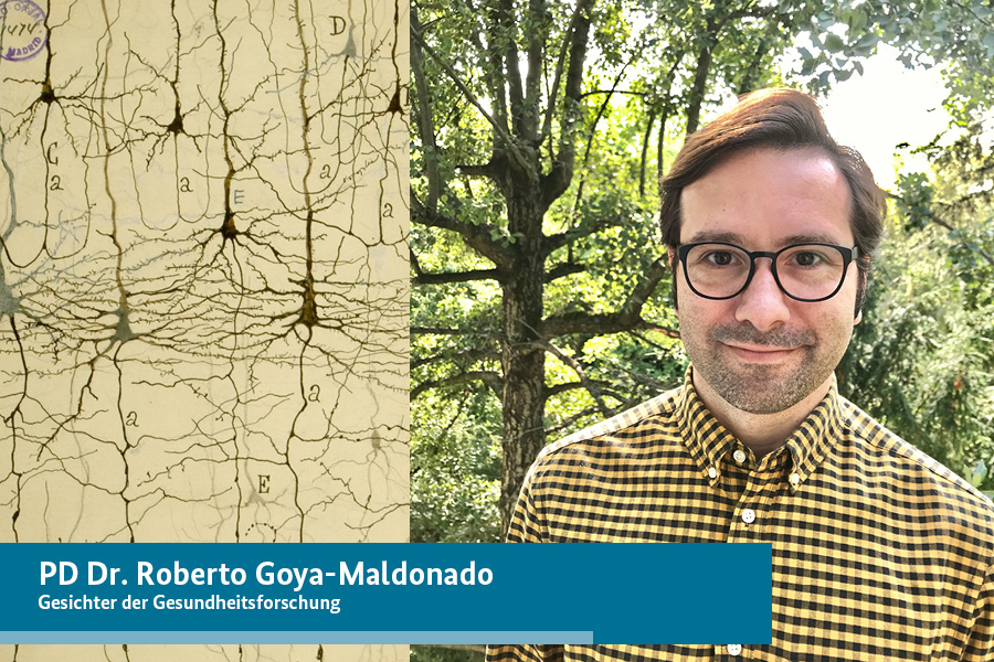 Links neuronale Netzwerke, gezeichnet von Santiago Ramón y Cajal. Rechts botanische Blattwerke und ein Portrait von PD Dr. Roberto Goya-Maldonado
