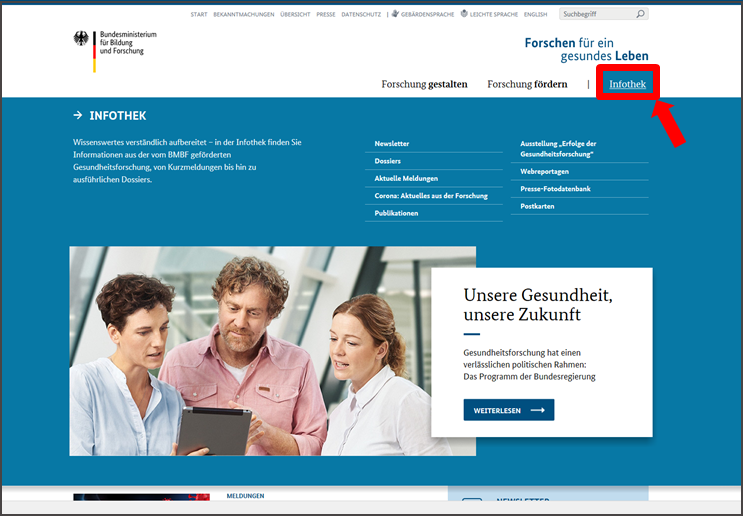 Abbildung der Startseite www.gesundheitsforschung-bmbf.de. Haupt-Bereich Magazin.