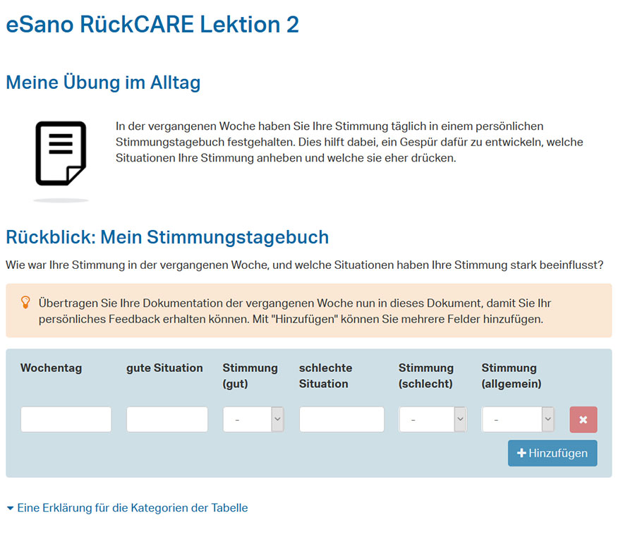 Screenshot einer Hausaufgabe aus dem online-Programm eSano RückCARE