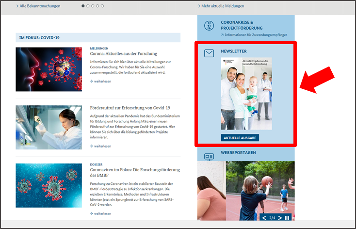 Abbildung der Startseite www.gesundheitsforschung-bmbf.de. Rubrik Newsletter.