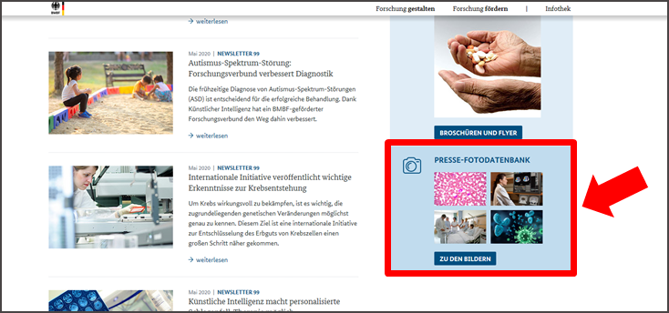 Abbildung der Startseite www.gesundheitsforschung-bmbf.de. Rubrik Fotodatenbank.