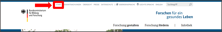 Abbildung der Startseite www.gesundheitsforschung-bmbf.de. Auswahl-Leiste mit Feld Start.