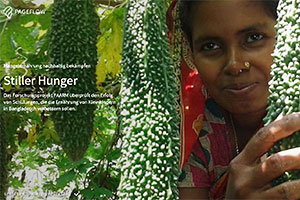 Frau aus Bangladesh schaut zwischen großen Feldpflanzen hervor.