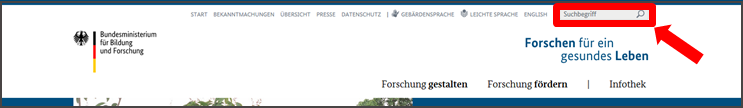 Abbildung der Startseite www.gesundheitsforschung-bmbf.de. Suchfunktion.