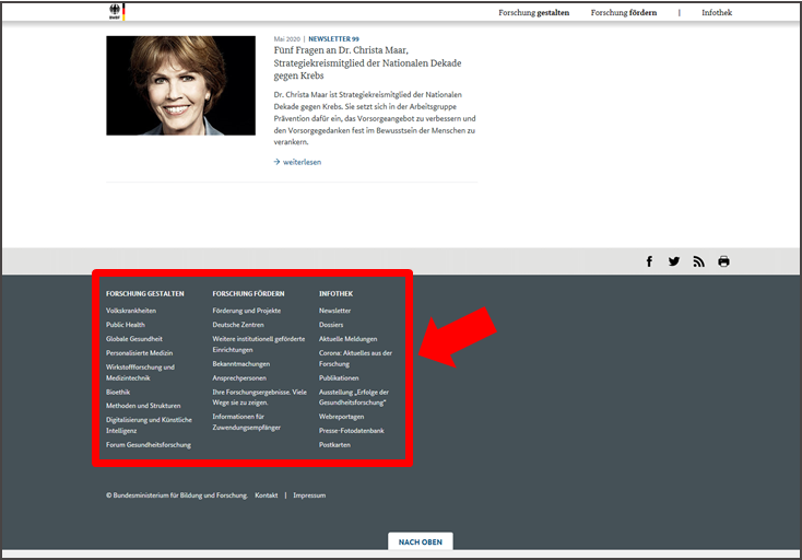 Abbildung der Startseite www.gesundheitsforschung-bmbf.de. Übersicht mit Themen der Haupt-Bereiche.