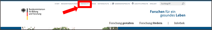 Abbildung der Startseite www.gesundheitsforschung-bmbf.de. Auswahl-Leiste mit Feld Übersicht.
