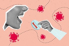 Eine Collage mit einem geöffneten Mund, gezeichneten Viren und einer Hand mit einem Bonbon
