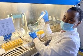 Eine junge Frau mit Mundschutz pipettiert in einem Labor